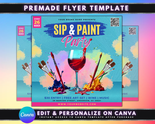 Sip and Paint
Paint and Sip
Painting Party
Art Party
Creative Event
Social Painting
Wine and Paint
Brush and Bottle
Art and Wine
DIY Art
Fun Art
Relaxing Art
Social Art
Art Therapy
Flyer Template
Poster Template
Invitation
Social Media Post
Graphic Design
Colorful
Abstract
Modern
Elegant
Rustic
Watercolor
Brush Strokes
Paint Splashes
Wine Glass
Paint Brushes
Easel
Canvas
Palette
QR Code
Location
Price
Entry Fee
Free Art Set