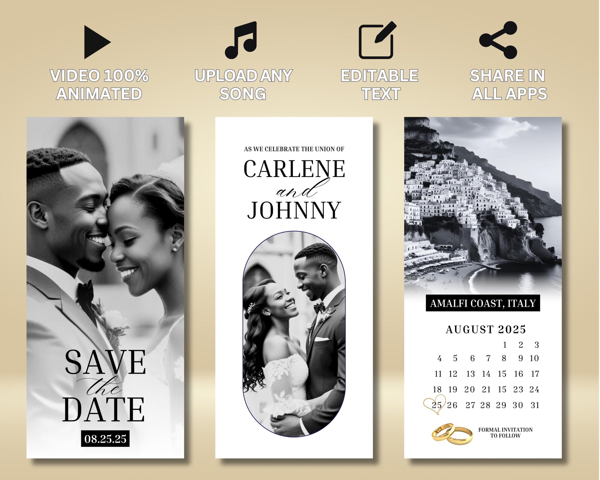 Animated Save the Date
Animated Wedding Invitation
Motion Graphics Save the Date
Digital Save the Date
Animated Wedding 
Video Announcement
Canva Animated Save the Date
Rustic
Boho
Minimalist
Whimsical
Vintage
Floral
Tropical
Destination Wedding