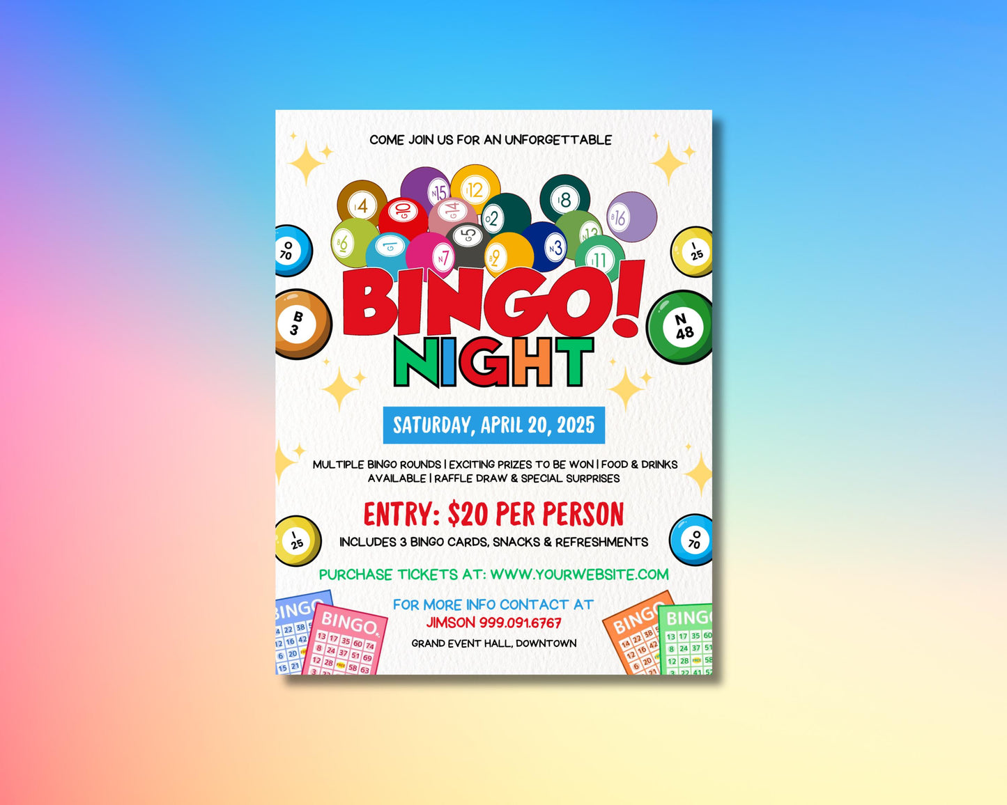 bingo night
bingo party
fundraiser bingo
community bingo
game night
event flyer
party flyer
announcement
invitation
bingo balls
bingo cards
numbers
stars
confetti
ribbon
banner
background
prize
food
drinks
colorful bingo night flyer template
vintage
illustrated
graphic
geometric
template
editable
printable