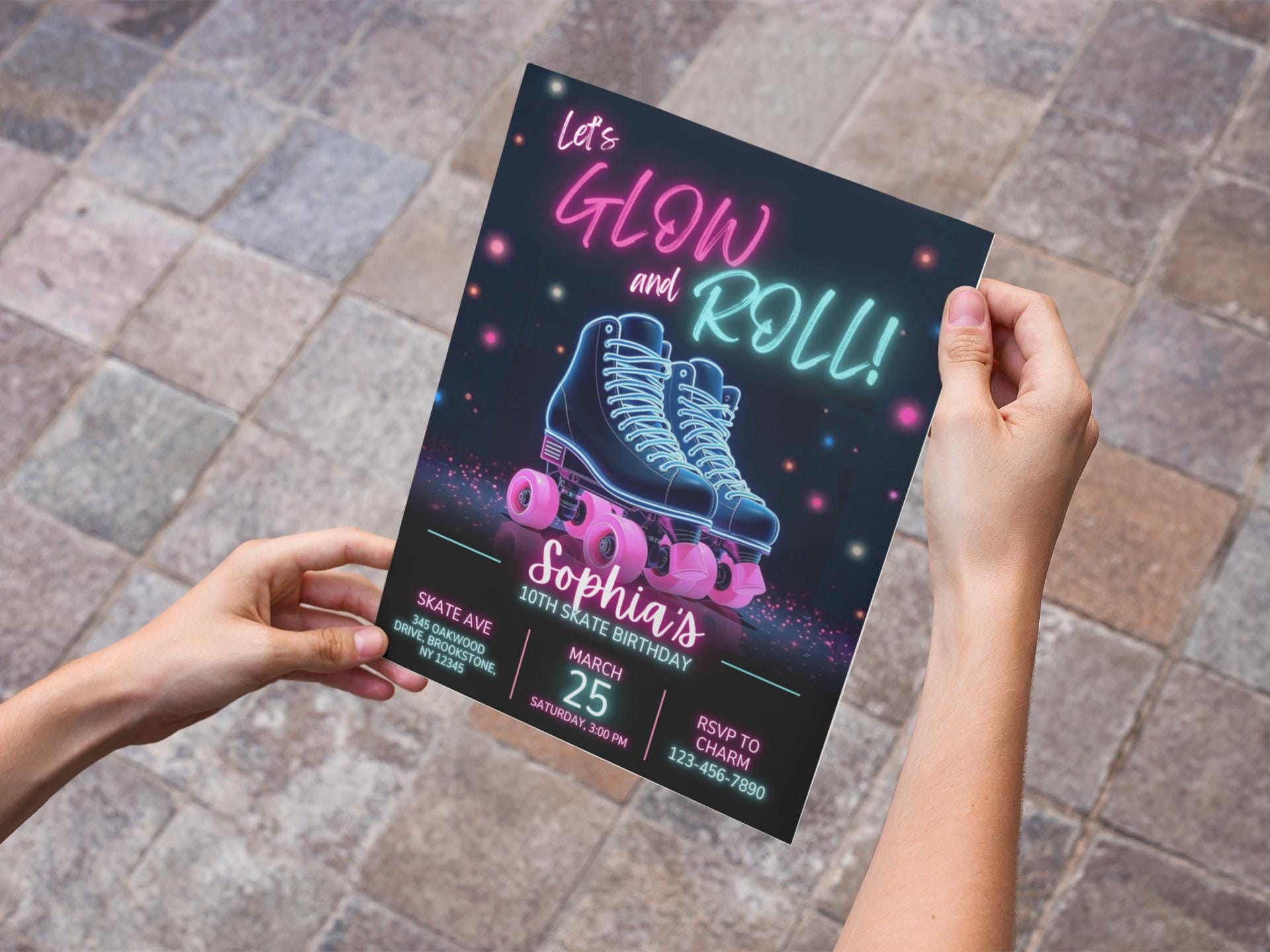 Skater
Skate Party
Wheels
Skate Tracks
Bold Typography
Graffiti Fonts
Light Streaks
Roller Skating
Inline Skating
Retro Skate
80s Skate
90s Skate
Neon Skate
Glow Skate
Funky
Vibrant
Energetic
Dynamic
Urban
Street Style
Kids
Teens
Youth
Friends
Roller Skates
Inline Skates
Editable
Printable