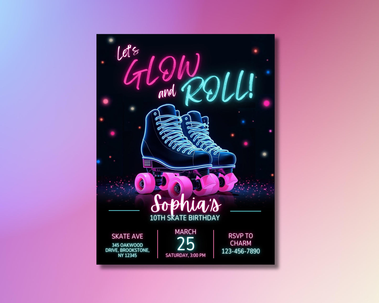skater
skate party
wheels
skate tracks
bold typography
graffiti fonts
light streaks
roller skating
inline skating
retro skate
80s skate
90s skate
neon skate
glow skate
funky
vibrant
energetic
dynamic
urban
street style
kids
teens
youth
friends
roller skates
inline skates
editable
printable