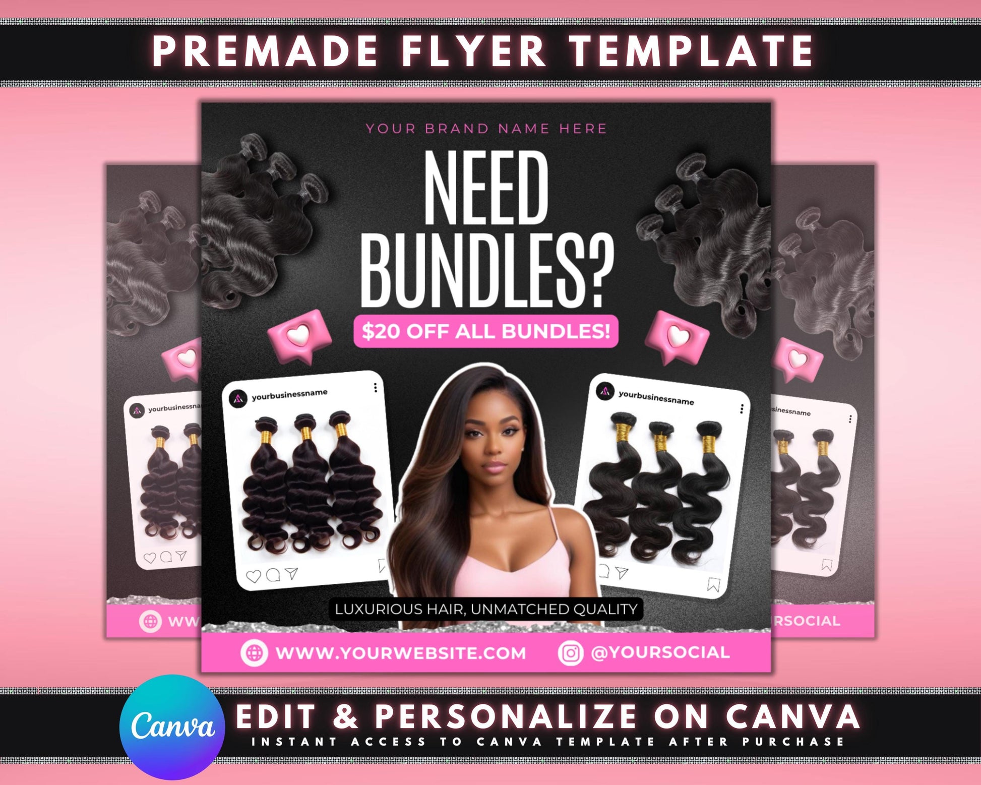 Hair bundles
Hair extensions
Hair weave
Hair sale
Discount
Special offer
Promotion
Beauty
Hair care
Luxurious hair
Quality hair
Bundle deal
Your brand name
Your website
Your social media handle
Need bundles?
Luxurious hair, unmatched quality
Natural hair
Long-lasting
Full bundles
Thick hair
Soft hair
Silky hair
Easy to style
Versatile
No shedding
No tangling
Shop now
Order now
Visit website
DM for orders
Get yours today
Limited time offer