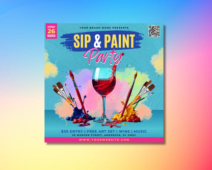 Sip and Paint
Paint and Sip
Painting Party
Art Party
Creative Event
Social Painting
Wine and Paint
Brush and Bottle
Art and Wine
DIY Art
Fun Art
Relaxing Art
Social Art
Art Therapy
Flyer Template
Poster Template
Invitation
Social Media Post
Graphic Design
Colorful
Abstract
Modern
Elegant
Rustic
Watercolor
Brush Strokes
Paint Splashes
Wine Glass
Paint Brushes
Easel
Canvas
Palette
QR Code
Location
Price
Entry Fee
Free Art Set