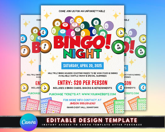 Bingo Night
Bingo Party
Fundraiser Bingo
Community Bingo
Game Night
Event Flyer
Party Flyer
Announcement
Invitation
Bingo Balls
Bingo Cards
Numbers
Stars
Confetti
Ribbon
Banner
Background
Prize
Food
Drinks
Colorful Bingo Night Flyer Template
Vintage
Illustrated
Graphic
Geometric
Template
Editable
Printable