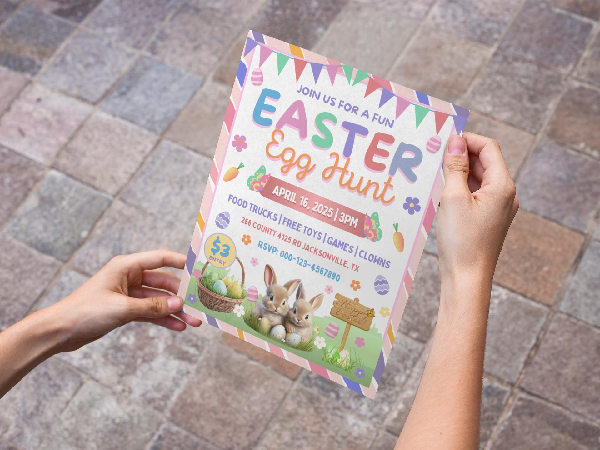 Easter Party Invitation Flyer, DIY Flyer Template Design, Easter Egg Hunting Invite, Spring Celebration Flyer, Premade Easter Sunday Event