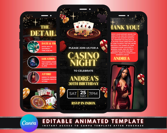 Casino Night
Casino Party
Gambling Theme
Vegas Night
Poker Night
Blackjack
Roulette
Slots
High Rollers
Jackpot
Birthday Party
Celebration
Event Invitation
Party Invite
RSVP
Details
Animated Invitation
Video Invitation
Digital Invitation
Motion Graphics
Playing Cards
Dice
Casino Chips
Sparkle
Glitter
Elegant
Modern
Festive
Editable Text
Upload Song
ShareableCustom Casino Party Invitation
Personalized Casino Night Invite
Animated Casino Birthday Invitation