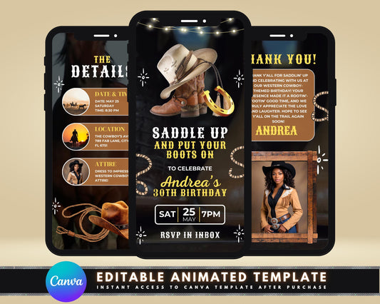 Animated
Western
Cowboy
Cowgirl
Rustic
Vintage Western
Wild West
Country Western
Digital Invitation
Video Invitation
Motion Graphics
Dynamic
Engaging
Interactive
Cowboy Boots
Cowboy Hat
Lasso
Horseshoes
Bandana
Wooden Texture
Rope Border
Desert Landscape
Cactus
Saloon
Scroll
Wanted Poster
RSVP
Save the Date
Details
Location
Date and Time
Party Invite
Birthday Invitation
Event Invitation
Celebration Invite
Theme Party
Hoedown
Barn Dance
Line Dancing
Square Dancing