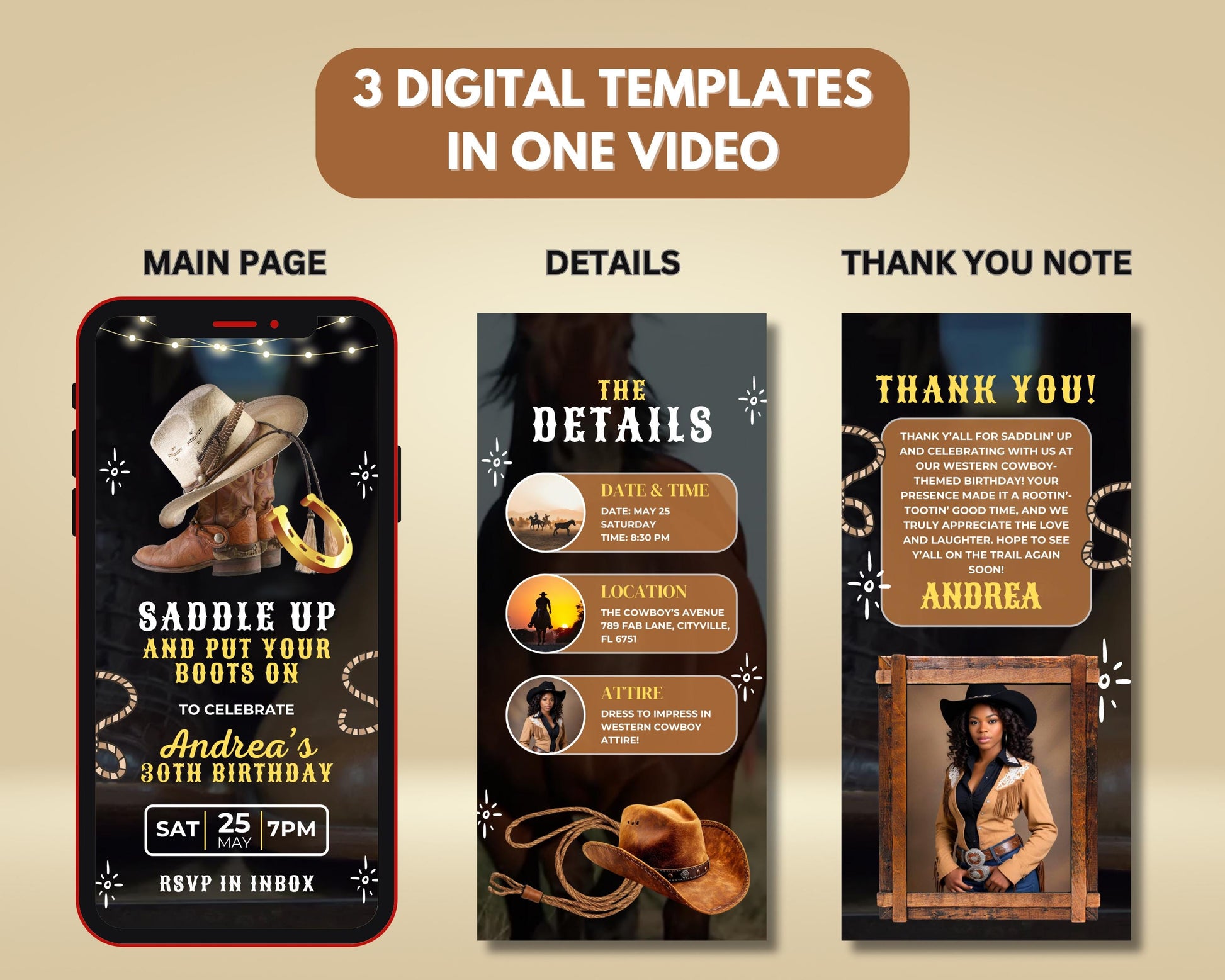 Animated
Western
Cowboy
Cowgirl
Rustic
Vintage Western
Wild West
Country Western
Digital Invitation
Video Invitation
Motion Graphics
Dynamic
Engaging
Interactive
Cowboy Boots
Cowboy Hat
Lasso
Horseshoes
Bandana
Wooden Texture
Rope Border
Desert Landscape
Cactus
Saloon
Scroll
Wanted Poster
RSVP
Save the Date
Details
Location
Date and Time
Party Invite
Birthday Invitation
Event Invitation
Celebration Invite
Theme Party
Hoedown
Barn Dance
Line Dancing
Square Dancing