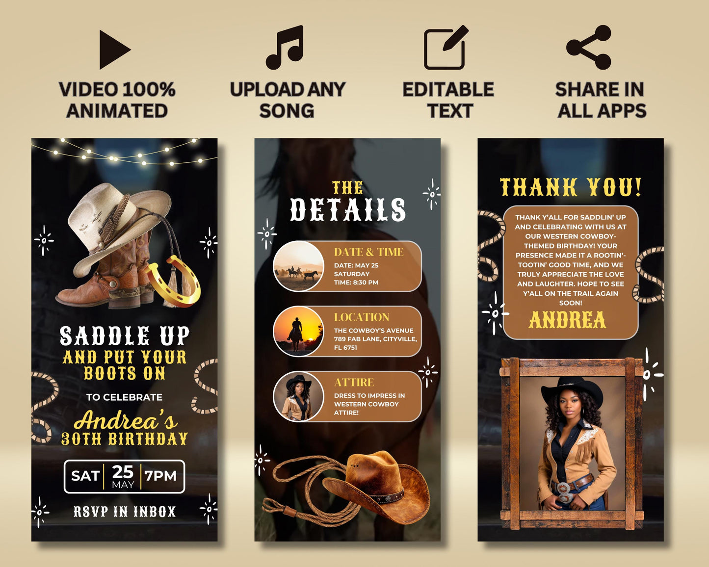 animated
western
cowboy
cowgirl
rustic
vintage western
wild west
country western
digital invitation
video invitation
motion graphics
dynamic
engaging
interactive
cowboy boots
cowboy hat
lasso
horseshoes
bandana
wooden texture
rope border
desert landscape
cactus
saloon
scroll
wanted poster
rsvp
save the date
details
location
date and time
party invite
birthday invitation
event invitation
celebration invite
theme party
hoedown
barn dance
line dancing
square dancing
