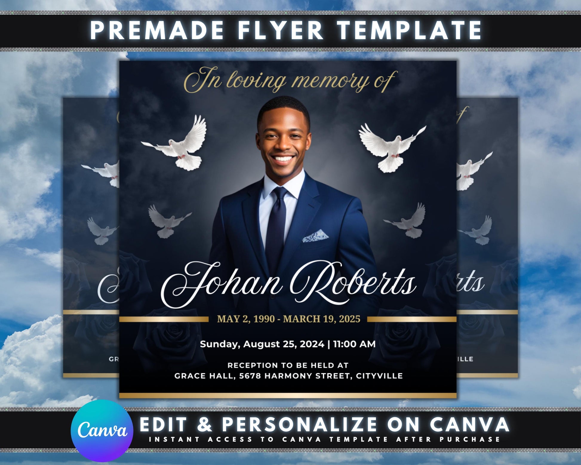 Memorial Service
Funeral Announcement
In Loving Memory
Passing
Tribute
Celebration of Life
Deceased
Loved One
Funeral Home Information
Visitation Hours
Reception Details
Religious or Spiritual References
Quotes or Poems
Photo of the Deceased