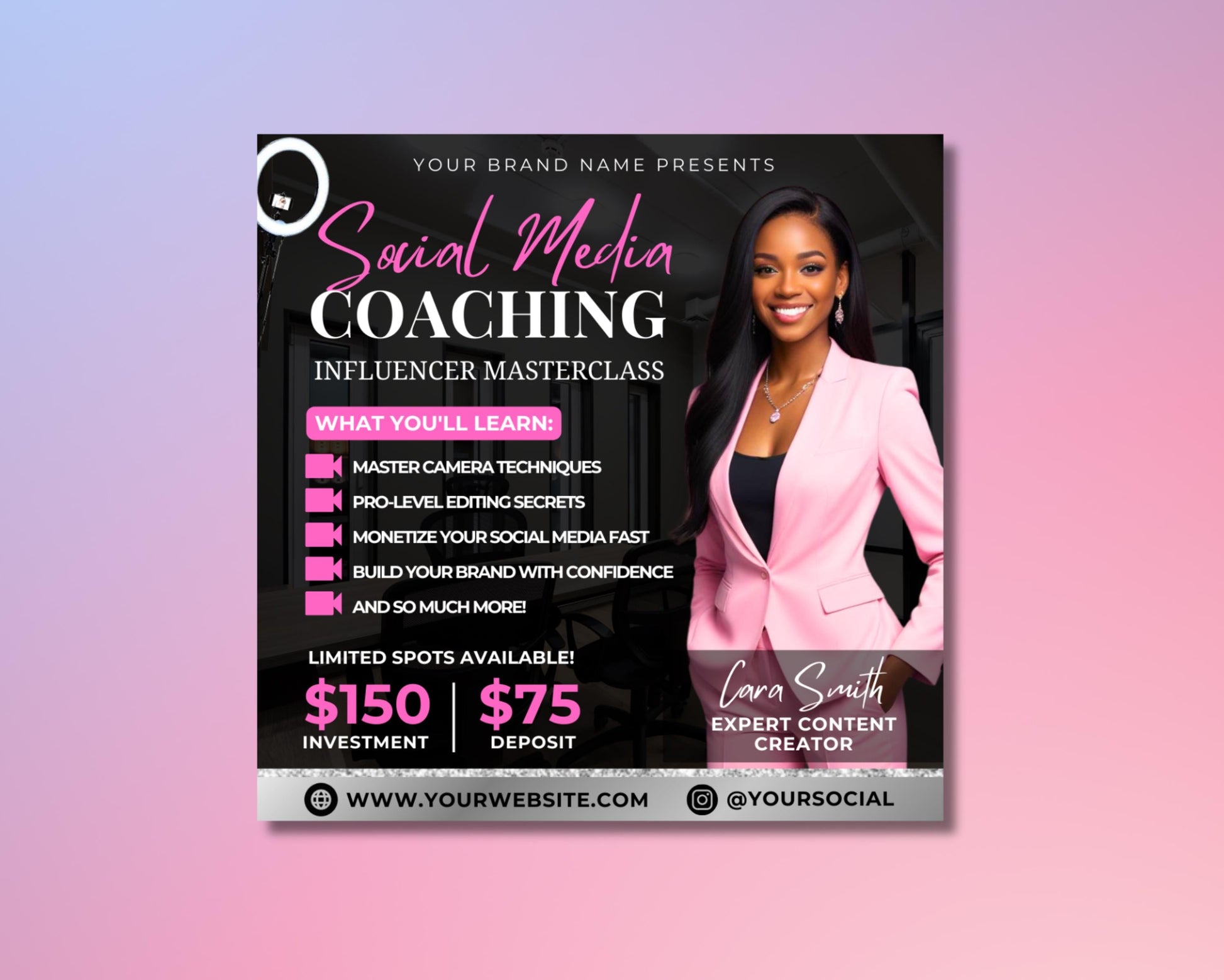 Social Media
Influencer
Marketing
Digital Marketing
Content Creation
Online Presence
Growth
Strategy
Tips
Training
Workshop
Learn
Course
Seminar
Tutorial
Online Class
Personal Branding
Engagement
Algorithm
Platform (e.g., Instagram, TikTok, YouTube)
Photography
Videography
Editing
Business
Success
Promotion
Event
Registration
Sign Up
How to
Guide
Community
Networking
Tools
Resources
Expert
Professional
Unlock
Secrets
Fast Results
Career
Education