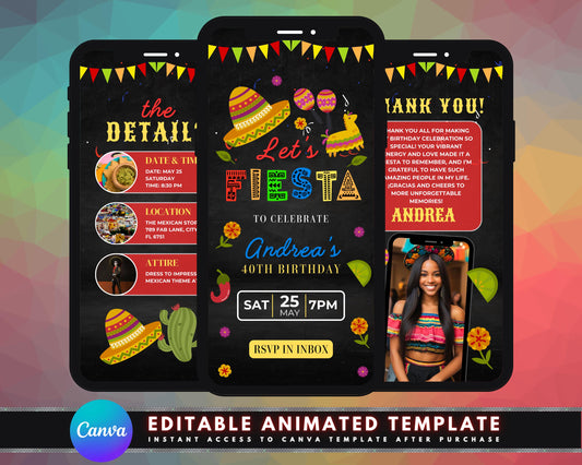 Fiesta
Party
Birthday
Celebrate
Invitation
Invite
Animated
Digital
Template
Mexican Fiesta
Sombrero
Maracas
Piñata
Chili Peppers
Cactus
Bunting
Colorful
Festive
Vibrant
Date
Time
Location
RSVP
Decorative
Illustrated