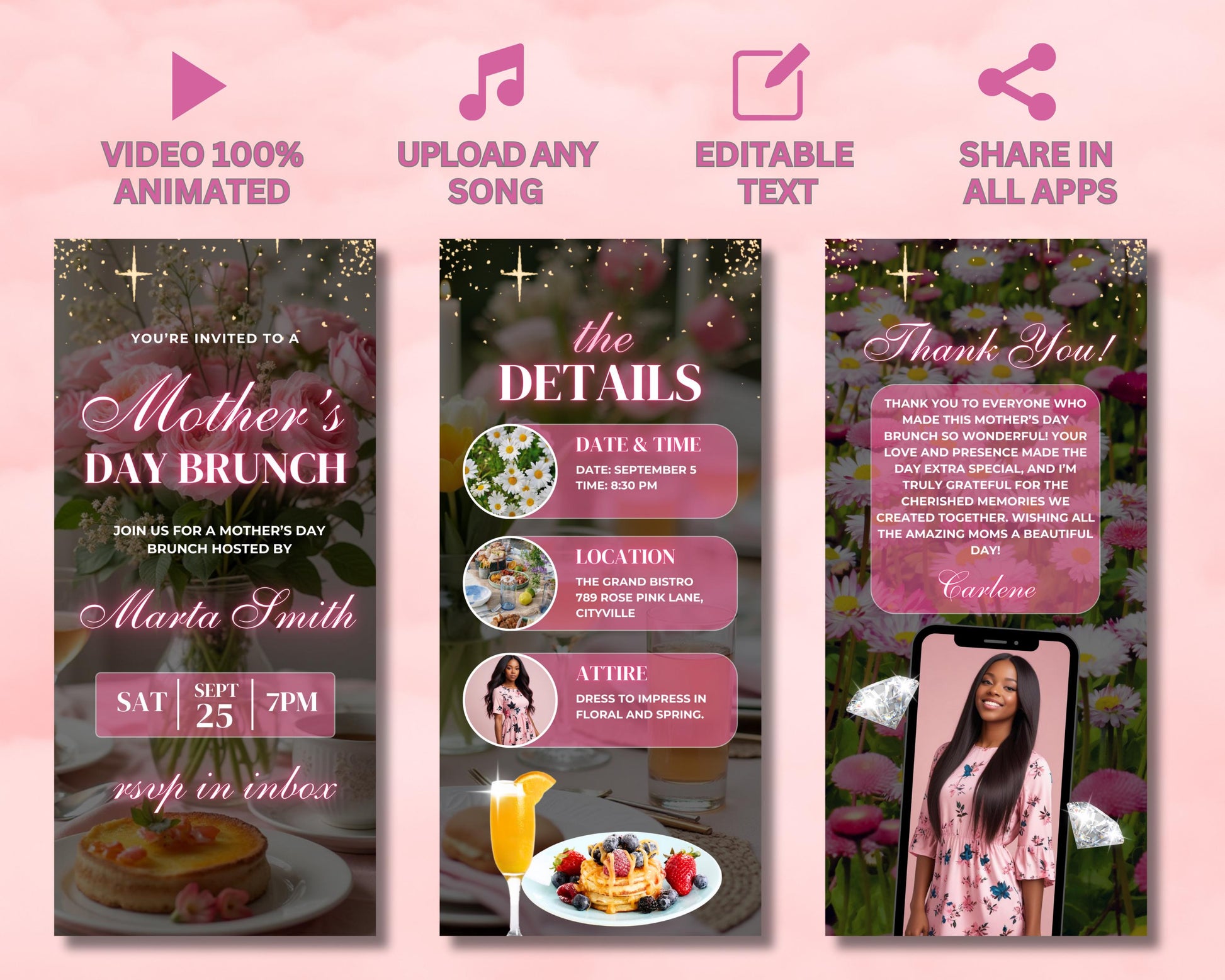 Animated Mother's Day Brunch Invitation, DIY Template Design, Mother's Day Event Video Invite, Premade Floral Mom's Day Celebration E-Invite