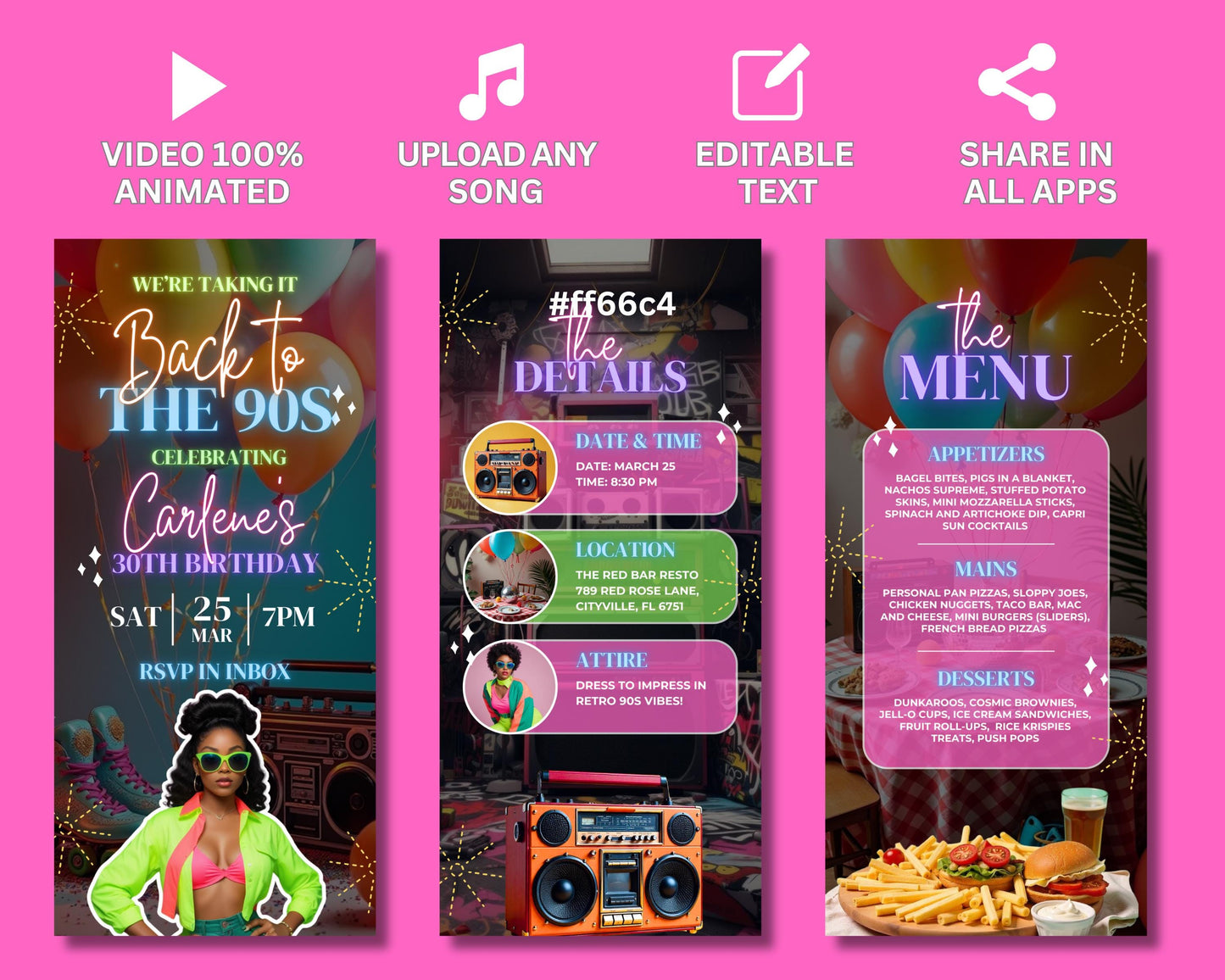 90s
nineties
retro
throwback
nostalgia
vintage
old school
animated
vibrant
neon
geometric
bold
graffiti
pixel art
glitch
y2k
mixtape
cassette
boombox
cd
walkman
headphones
music video
mtv
video games
arcade
computer
internet
dial-upbirthday
party
invite
celebration
animated invite
template
customizable
editable
rsvp
details
menu
food
drinks