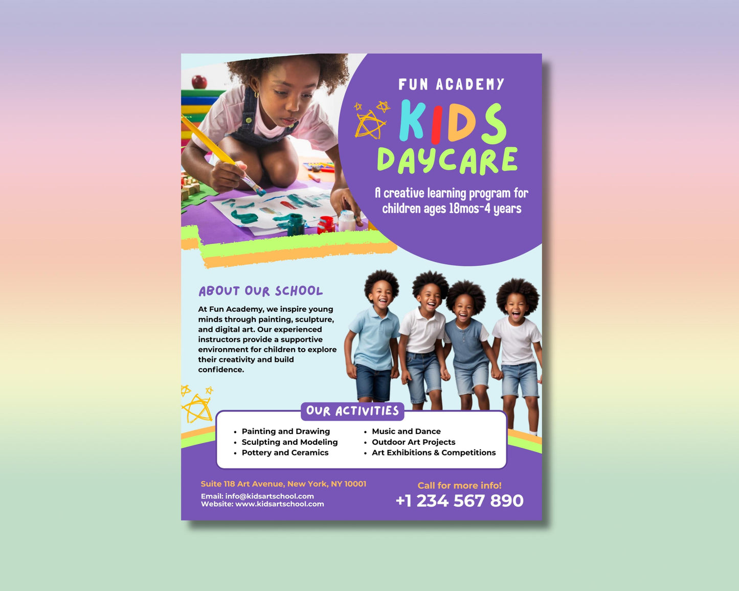 kids daycare
childcare
preschool
early learning
children
fun
creative
learning
play
education
enrollment
open enrollment
art
painting
drawing
sculpture
modeling
pottery
ceramics
music
dance
outdoor activities
art exhibitions
colorful
playful
illustration
photo
modern
simple
eye-catching
vibrant
enroll now
register today
contact us
call for info
visit our website