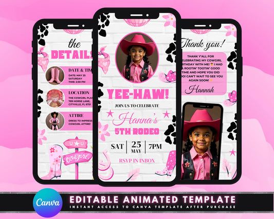 Animated Invitation
Digital Invitation
Editable Template
Video Invitation
Shareable Invitation
Online Invitation
Cowgirl
Rodeo
Birthday
Western
Rustic
Fun
Playful
Digital Template
DIY
Editable
Cowgirl Birthday
Western Theme
Rodeo Theme
Rustic Party
Rootin Tootin
Yee-Haw
Animated Boots
Pink Hat
Stars
Sparkles
Rope Graphic