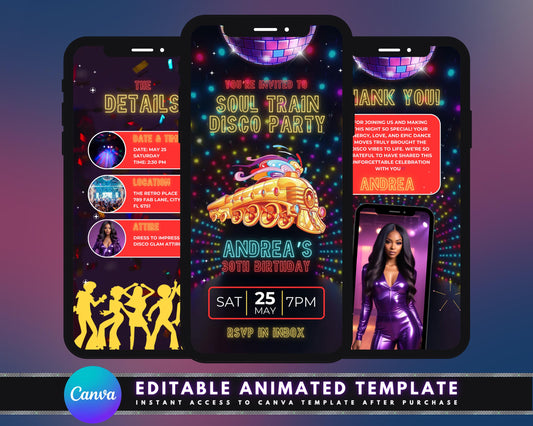 Soul Train Party
Disco Party
70s Theme
Retro Party
Groovy
Funky
Dance Party
Old School Party
Throwback Party
Boogie Wonderland
Animated Invitation
Digital Invitation
Video Invitation
Canva Template
Customizable
Editable
Mobile Invitation
Smartphone Invitation
Disco Ball
Glitter
Sparkle
Bright Colors
Retro Fonts
Retro Graphics
Silhouette Dancers
Train Illustration
Gold Accents
Party Invitation
Invite
Celebration
Event
Announcement
Personalized
Unique