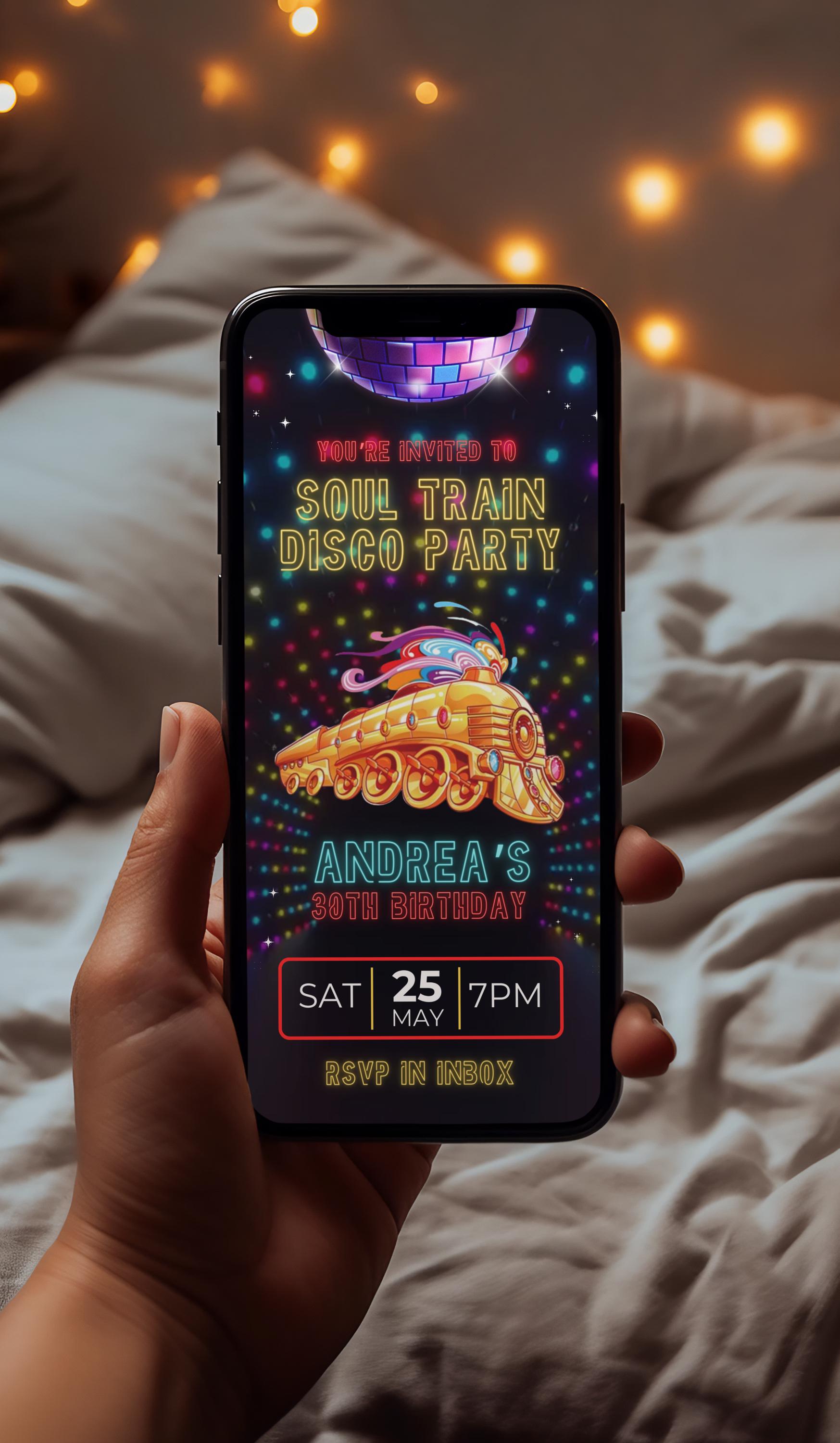 Soul Train Party
Disco Party
70s Theme
Retro Party
Groovy
Funky
Dance Party
Old School Party
Throwback Party
Boogie Wonderland
Animated Invitation
Digital Invitation
Video Invitation
Canva Template
Customizable
Editable
Mobile Invitation
Smartphone Invitation
Disco Ball
Glitter
Sparkle
Bright Colors
Retro Fonts
Retro Graphics
Silhouette Dancers
Train Illustration
Gold Accents
Party Invitation
Invite
Celebration
Event
Announcement
Personalized
Unique