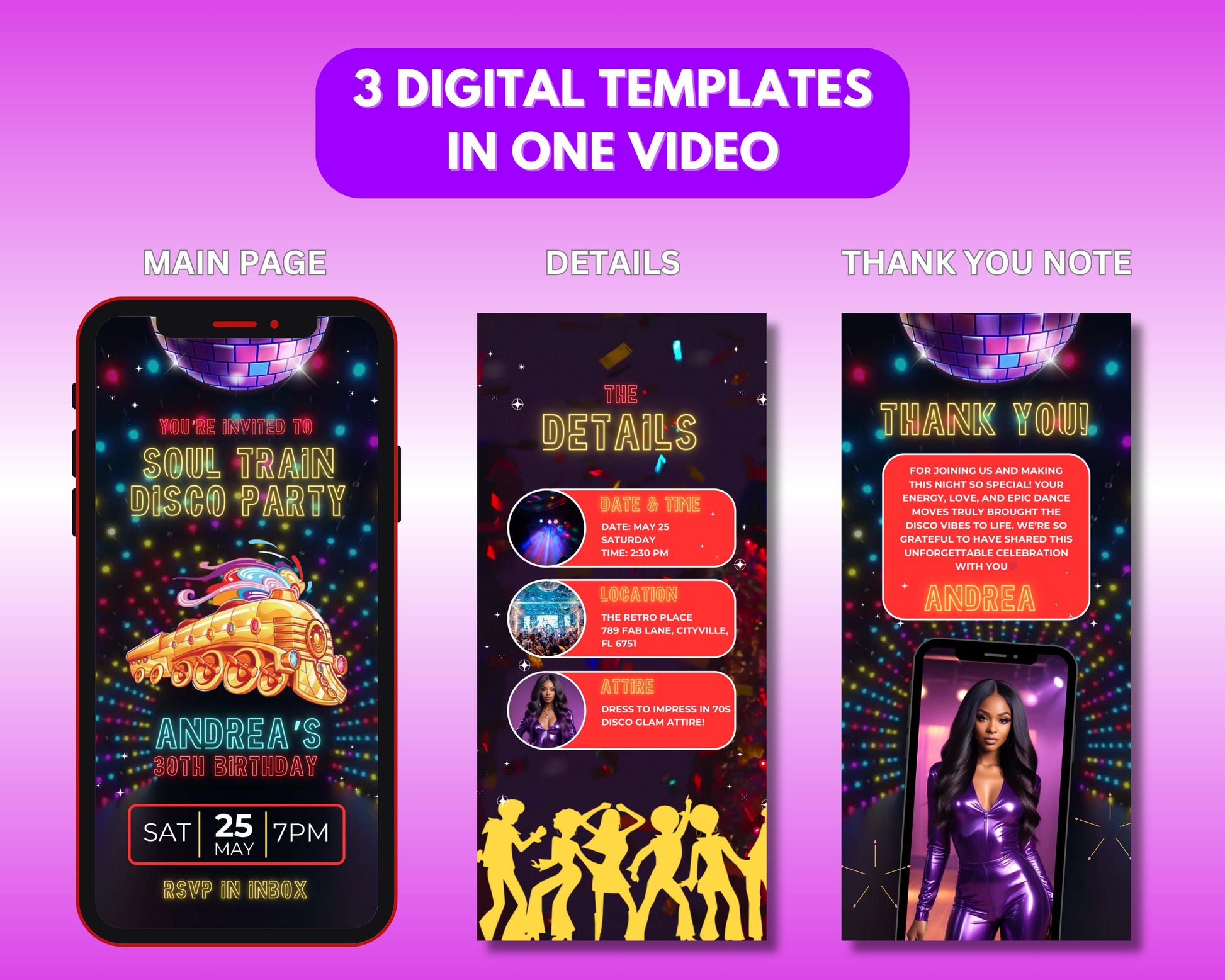Soul Train Party
Disco Party
70s Theme
Retro Party
Groovy
Funky
Dance Party
Old School Party
Throwback Party
Boogie Wonderland
Animated Invitation
Digital Invitation
Video Invitation
Canva Template
Customizable
Editable
Mobile Invitation
Smartphone Invitation
Disco Ball
Glitter
Sparkle
Bright Colors
Retro Fonts
Retro Graphics
Silhouette Dancers
Train Illustration
Gold Accents
Party Invitation
Invite
Celebration
Event
Announcement
Personalized
Unique