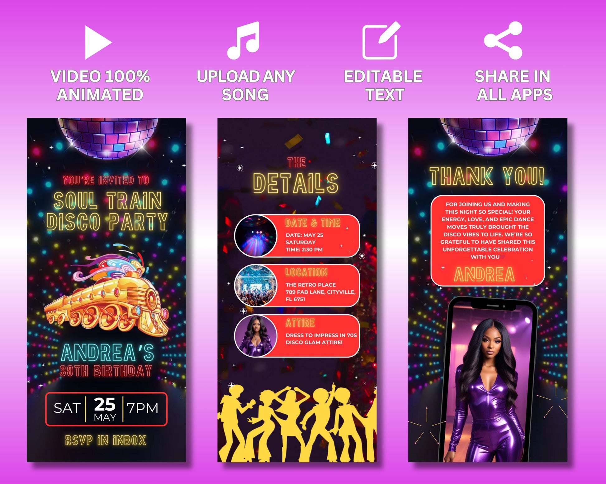 Soul Train Party
Disco Party
70s Theme
Retro Party
Groovy
Funky
Dance Party
Old School Party
Throwback Party
Boogie Wonderland
Animated Invitation
Digital Invitation
Video Invitation
Canva Template
Customizable
Editable
Mobile Invitation
Smartphone Invitation
Disco Ball
Glitter
Sparkle
Bright Colors
Retro Fonts
Retro Graphics
Silhouette Dancers
Train Illustration
Gold Accents
Party Invitation
Invite
Celebration
Event
Announcement
Personalized
Unique