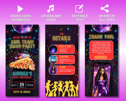 Soul Train Party
Disco Party
70s Theme
Retro Party
Groovy
Funky
Dance Party
Old School Party
Throwback Party
Boogie Wonderland
Animated Invitation
Digital Invitation
Video Invitation
Canva Template
Customizable
Editable
Mobile Invitation
Smartphone Invitation
Disco Ball
Glitter
Sparkle
Bright Colors
Retro Fonts
Retro Graphics
Silhouette Dancers
Train Illustration
Gold Accents
Party Invitation
Invite
Celebration
Event
Announcement
Personalized
Unique
