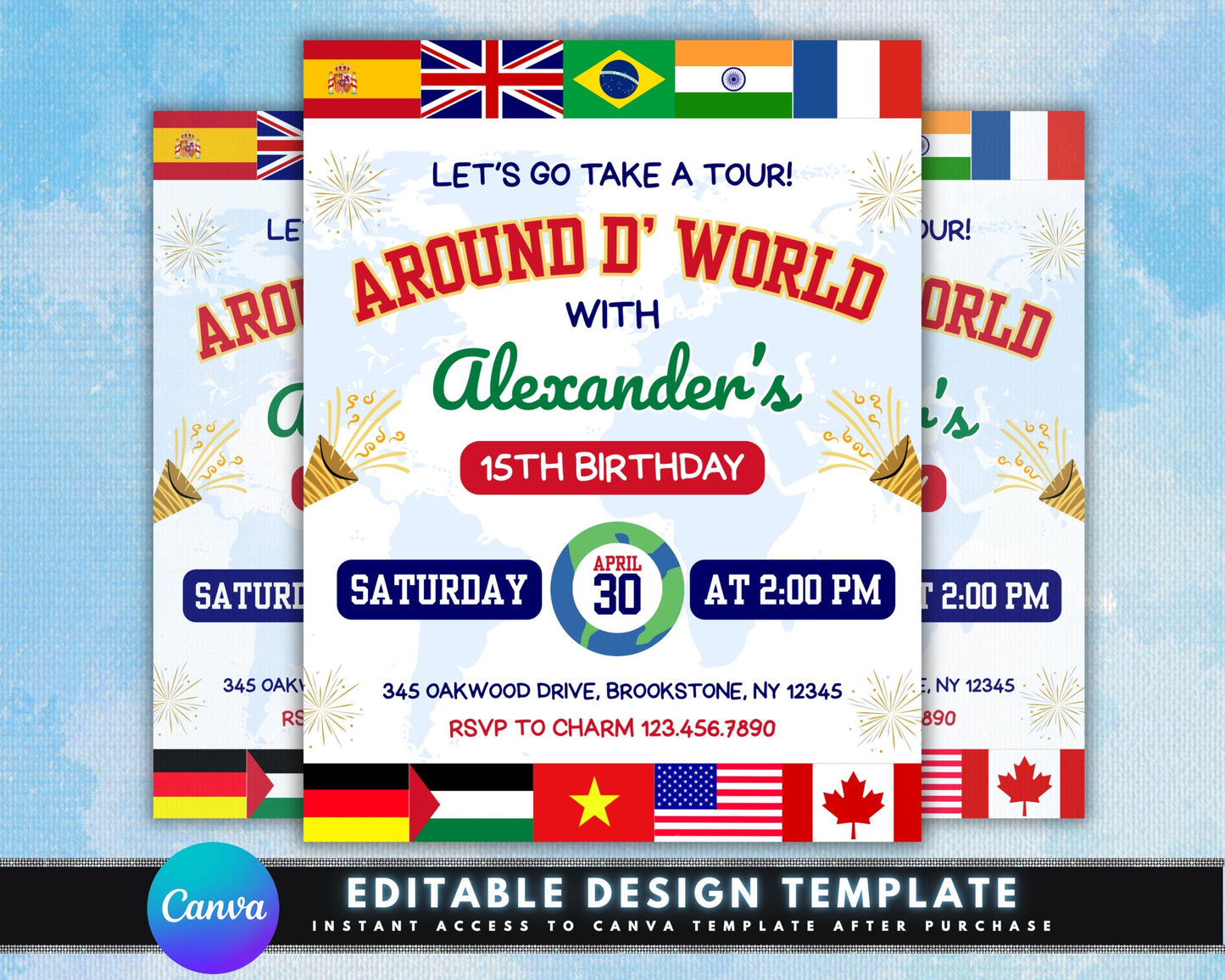 around the world
world tour
travel theme
adventure
exploration
global celebration
international party
destination party
cultural celebration
birthday invitation
birthday party
celebration
party invite
invitation template
printable invitation
digital invitation
passport invitation
map background
world map
flags
suitcase
globe
airplane
vintage travel
modern travel
illustrated
graphic design
customizable
kids birthday
teen birthday
adult birthday