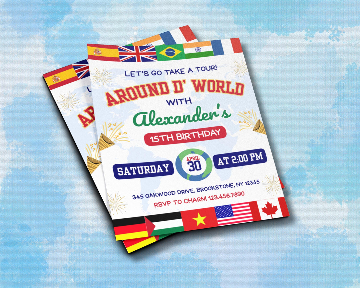 around the world
world tour
travel theme
adventure
exploration
global celebration
international party
destination party
cultural celebration
birthday invitation
birthday party
celebration
party invite
invitation template
printable invitation
digital invitation
passport invitation
map background
world map
flags
suitcase
globe
airplane
vintage travel
modern travel
illustrated
graphic design
customizable
kids birthday
teen birthday
adult birthday