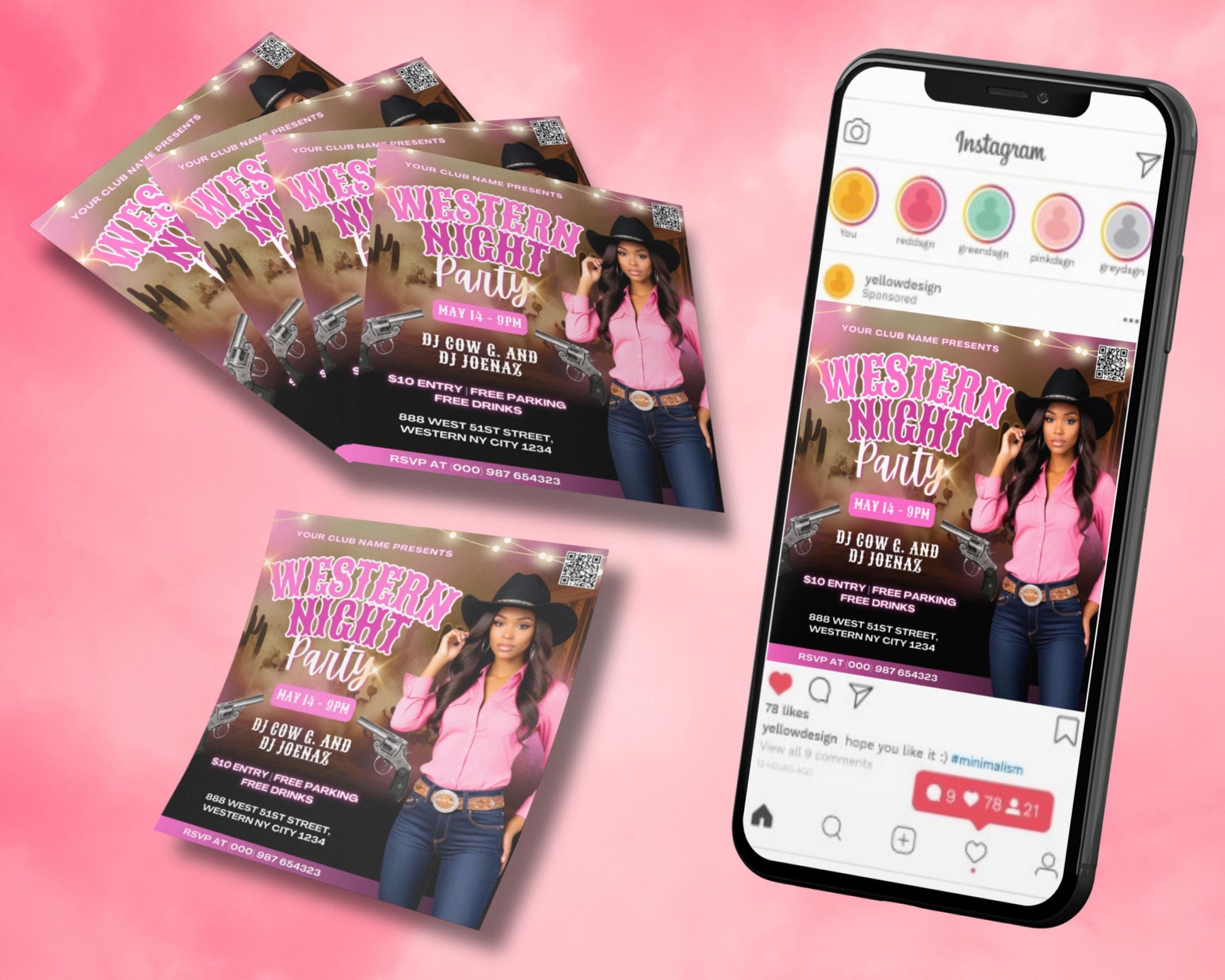 Western Night
Western Party
Cowboy/Cowgirl
Country Western
Themed Party
Club Night
Party Flyer
Event Flyer
Cowboy Hat
Pink Shirt
Denim Jeans
Belt Buckle
Revolvers/Guns
Rustic
Vintage
Retro
Typography 
QR Code
Confetti
Lights 
Bold
Eye-catching
Modern
Digital Flyer