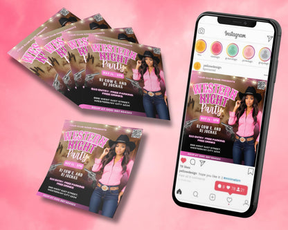 Western Night
Western Party
Cowboy/Cowgirl
Country Western
Themed Party
Club Night
Party Flyer
Event Flyer
Cowboy Hat
Pink Shirt
Denim Jeans
Belt Buckle
Revolvers/Guns
Rustic
Vintage
Retro
Typography 
QR Code
Confetti
Lights 
Bold
Eye-catching
Modern
Digital Flyer