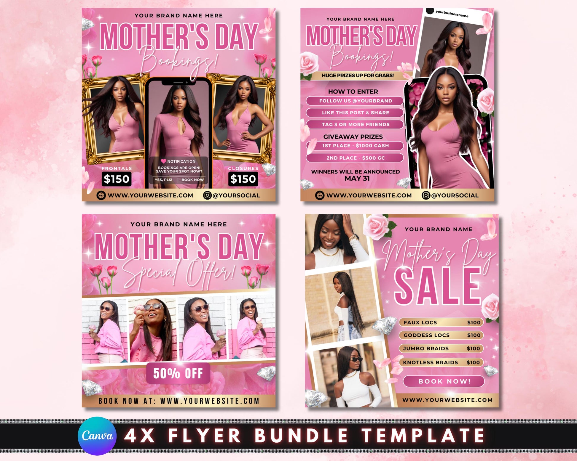 Mothers Day
Booking
Special Offer
Sale
Hair
Braids
Wigs
Frontals
Closures
Faux Locs
Goddess Locs
Jumbo Braids
Knotless Braids
Beauty
Salon
Hair Salon
Promotion
Discount
Giveaway
Contest
May
Feminine
Pink
Floral
Template
Flyer
Social Media
Advertising
Marketing
Braiding Flyer
Wig Flyer
Frontal Flyer
Closure Flyer
Faux Locs Flyer
Goddess Locs Flyer
Jumbo Braids Flyer
Knotless Braids Flyer
Hair Extension Flyer
Hair Appointment Flyer