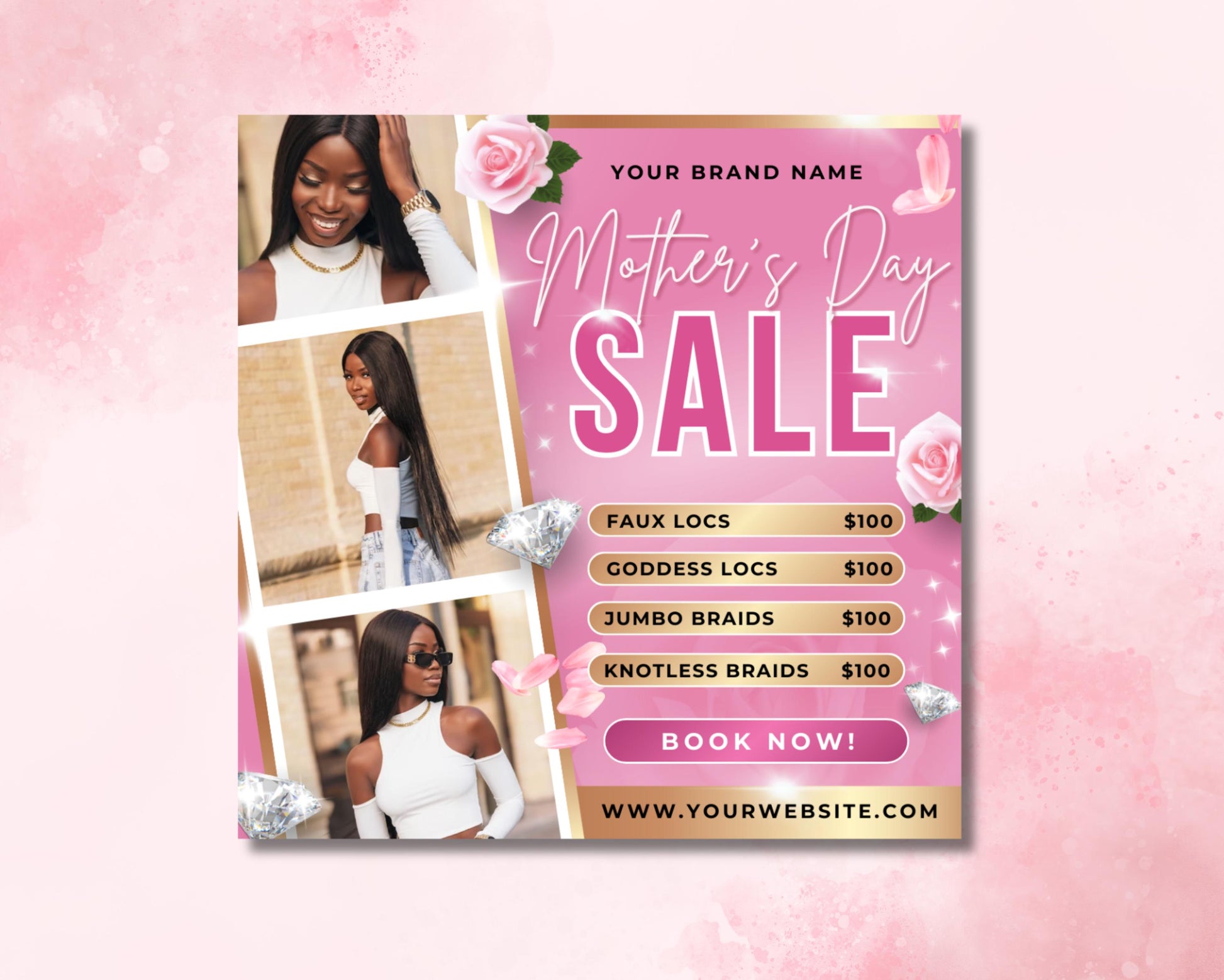 Mothers Day
Booking
Special Offer
Sale
Hair
Braids
Wigs
Frontals
Closures
Faux Locs
Goddess Locs
Jumbo Braids
Knotless Braids
Beauty
Salon
Hair Salon
Promotion
Discount
Giveaway
Contest
May
Feminine
Pink
Floral
Template
Flyer
Social Media
Advertising
Marketing
Braiding Flyer
Wig Flyer
Frontal Flyer
Closure Flyer
Faux Locs Flyer
Goddess Locs Flyer
Jumbo Braids Flyer
Knotless Braids Flyer
Hair Extension Flyer
Hair Appointment Flyer