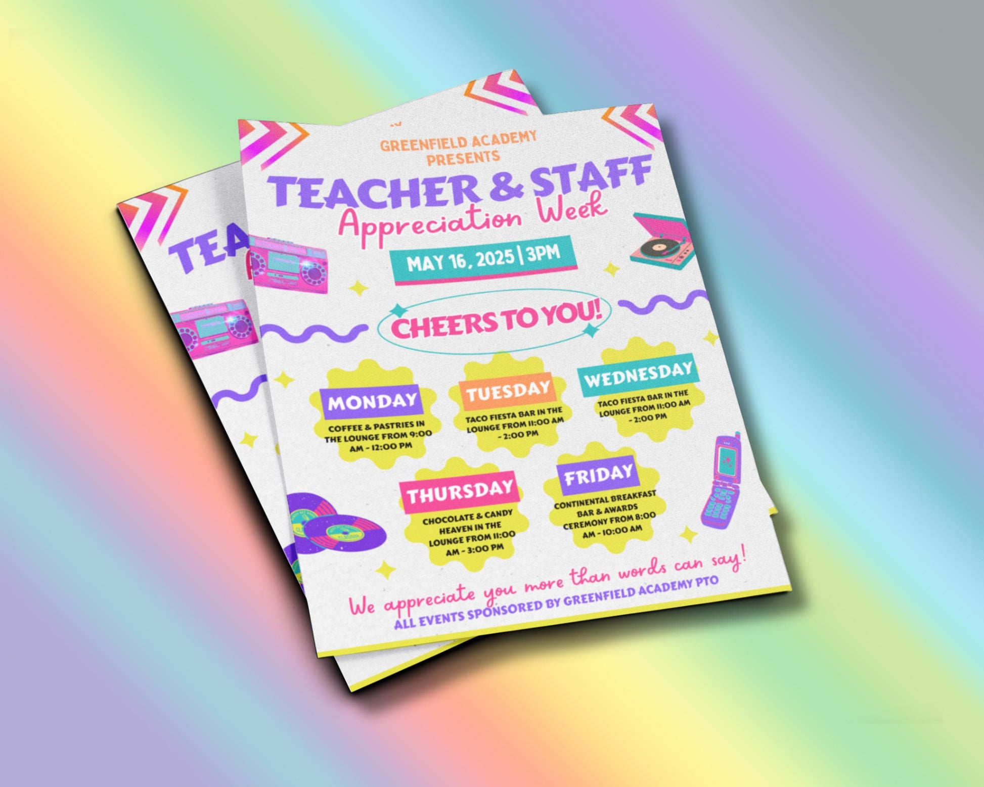 Teacher Appreciation Week
Staff Appreciation Week
School Event
Afterschool Party
School Celebration
Coffee & Pastries
Taco Fiesta Bar
Chocolate & Candy Heaven
Continental Breakfast Bar
Awards Ceremony
Lounge
Appreciation
School Event
PTO 
Educators
School Employees
Faculty
Administration
Colorful
Festive
Fun
Modern
Simple
Illustrated
Graphic
