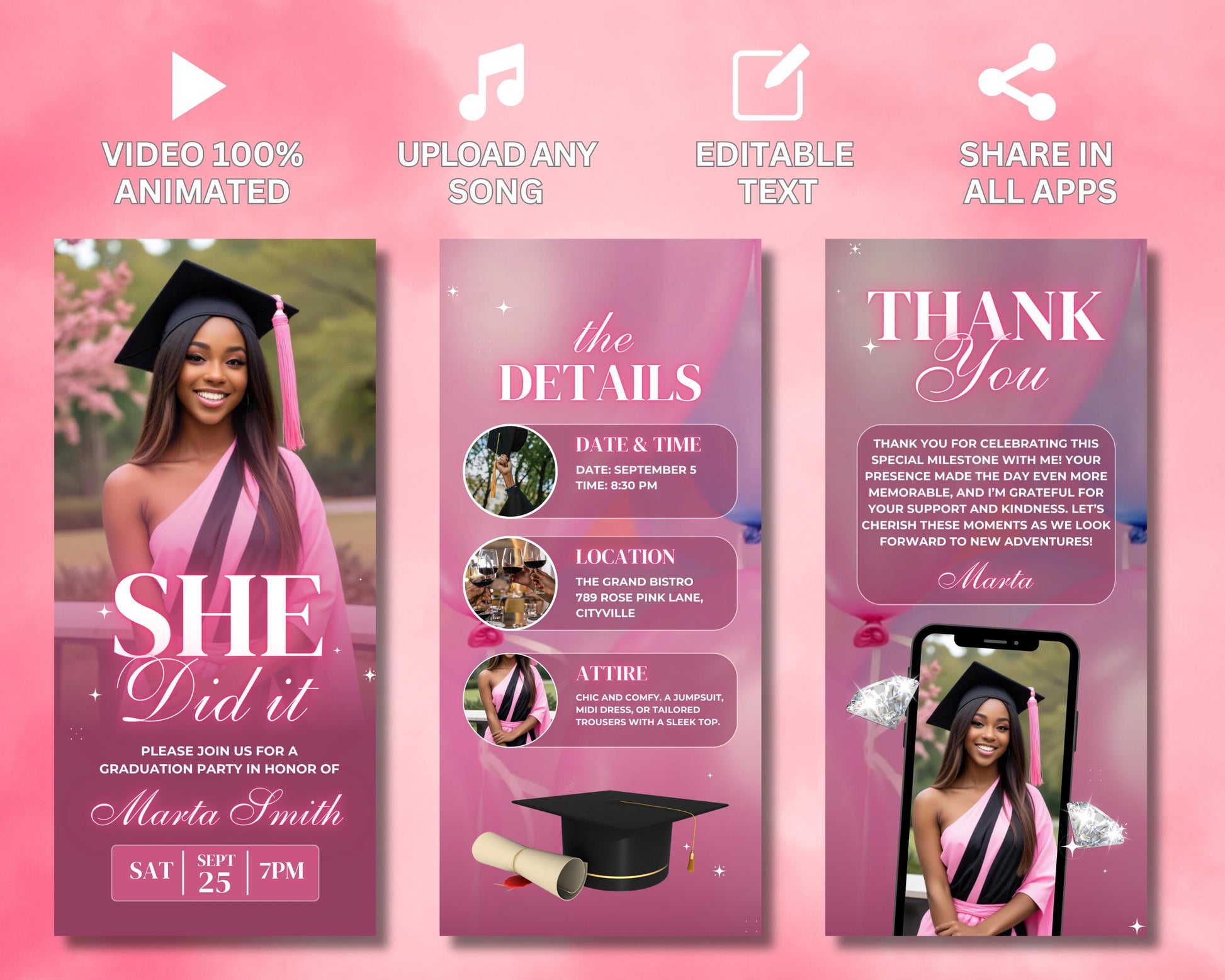 Graduation
Invite
Invitation
Video invitation
Animated invitation
E-invite
Digital invite
Ceremony
Celebration
Commencement
Party
Event
RSVP
Graduate
Future
Success
Achievement
Milestone
Graduation cap
Diploma
Graduation gown
