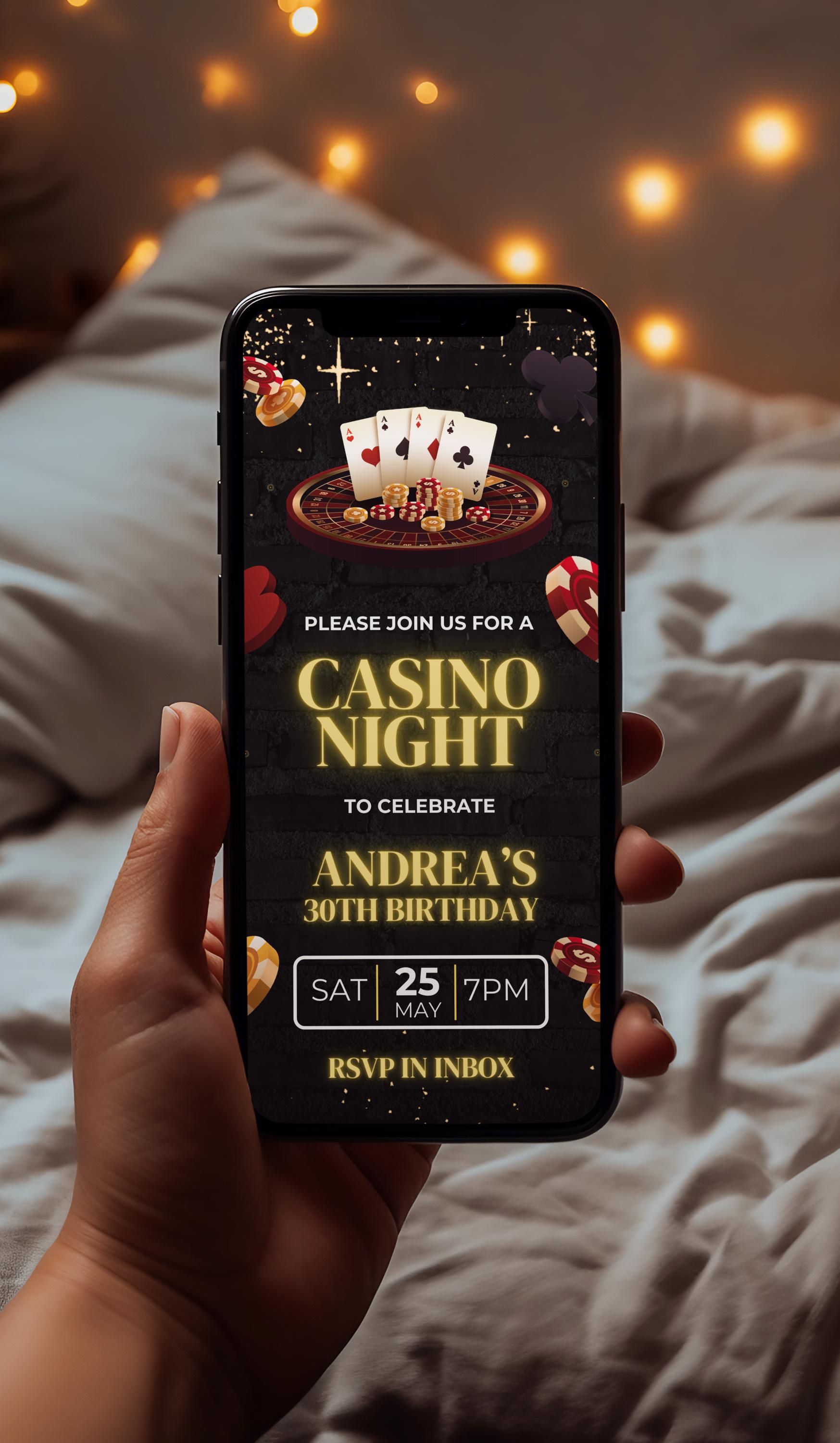 Casino Night
Casino Party
Gambling Theme
Vegas Night
Poker Night
Blackjack
Roulette
Slots
High Rollers
Jackpot
Birthday Party
Celebration
Event Invitation
Party Invite
RSVP
Details
Animated Invitation
Video Invitation
Digital Invitation
Motion Graphics
Playing Cards
Dice
Casino Chips
Sparkle
Glitter
Elegant
Modern
Festive
Editable Text
Upload Song
ShareableCustom Casino Party Invitation
Personalized Casino Night Invite
Animated Casino Birthday Invitation