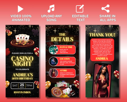 Casino Night
Casino Party
Gambling Theme
Vegas Night
Poker Night
Blackjack
Roulette
Slots
High Rollers
Jackpot
Birthday Party
Celebration
Event Invitation
Party Invite
RSVP
Details
Animated Invitation
Video Invitation
Digital Invitation
Motion Graphics
Playing Cards
Dice
Casino Chips
Sparkle
Glitter
Elegant
Modern
Festive
Editable Text
Upload Song
ShareableCustom Casino Party Invitation
Personalized Casino Night Invite
Animated Casino Birthday Invitation