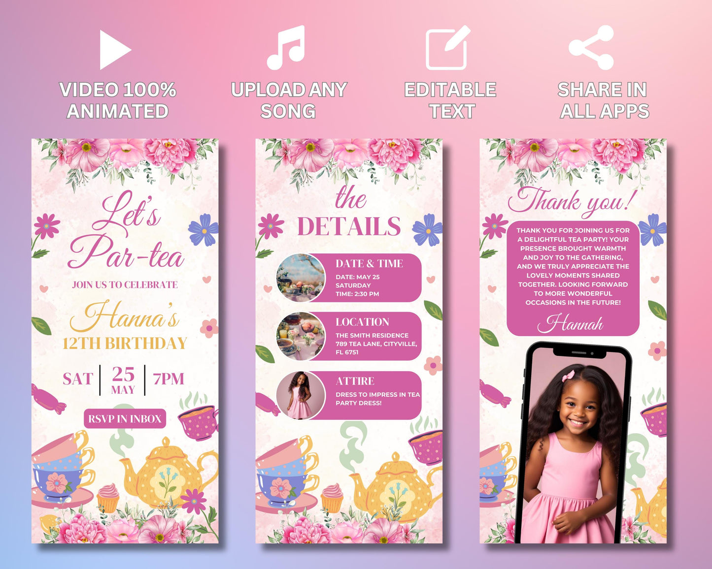 tea party
animated invitation
digital invitation
e-invite
party invitation
celebration
birthday
event invitation
whimsical
elegant
charming
festive
teacups
teapots
flowers
pastel colors
gold accents
floral pattern
rsvp in inbox
date, time, location details
attire suggestion
thank you note
video template
motion graphics
digital download
editable template
girls birthday
teen birthday
friends gathering
family celebration