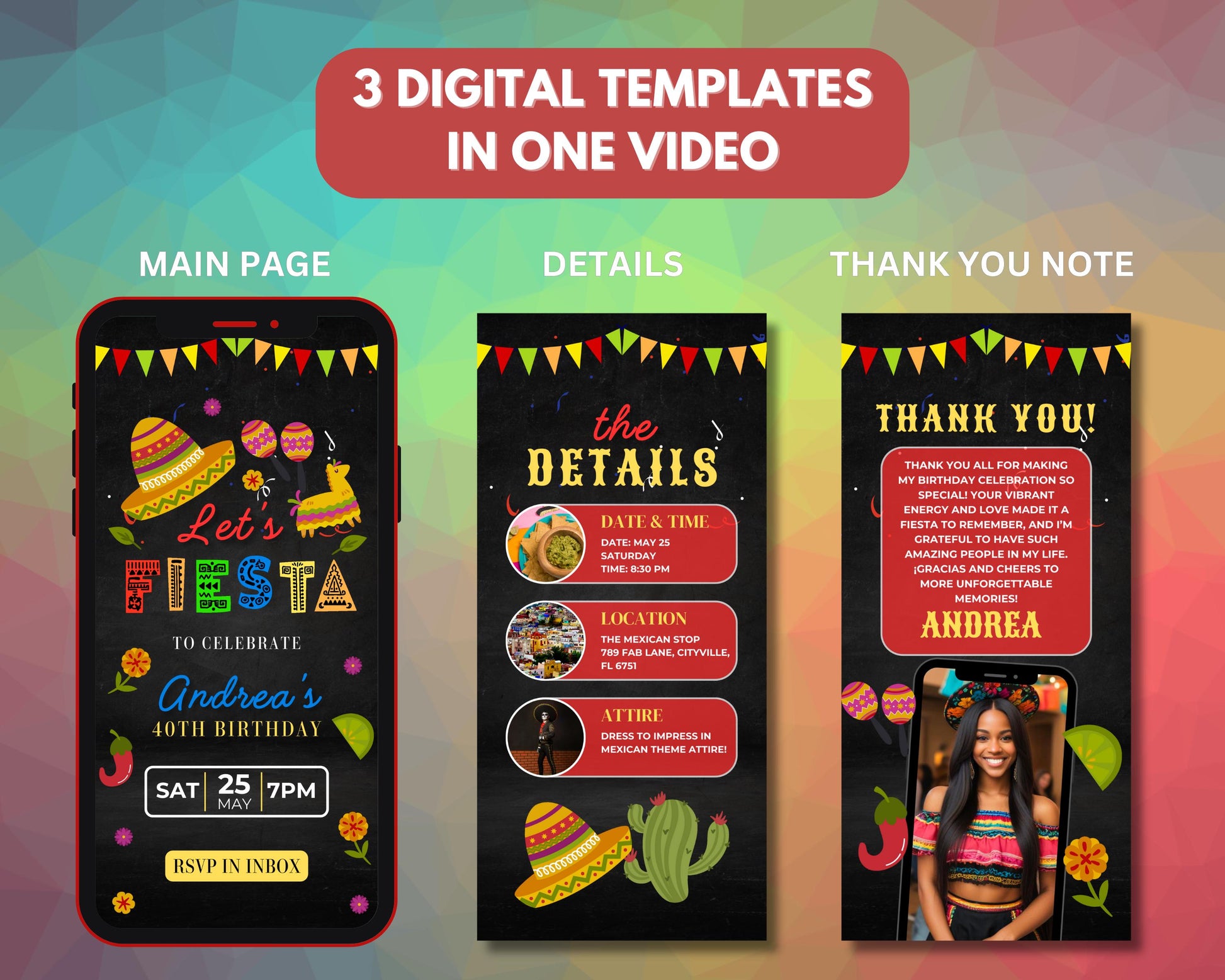 Fiesta
Party
Birthday
Celebrate
Invitation
Invite
Animated
Digital
Template
Mexican Fiesta
Sombrero
Maracas
Piñata
Chili Peppers
Cactus
Bunting
Colorful
Festive
Vibrant
Date
Time
Location
RSVP
Decorative
Illustrated