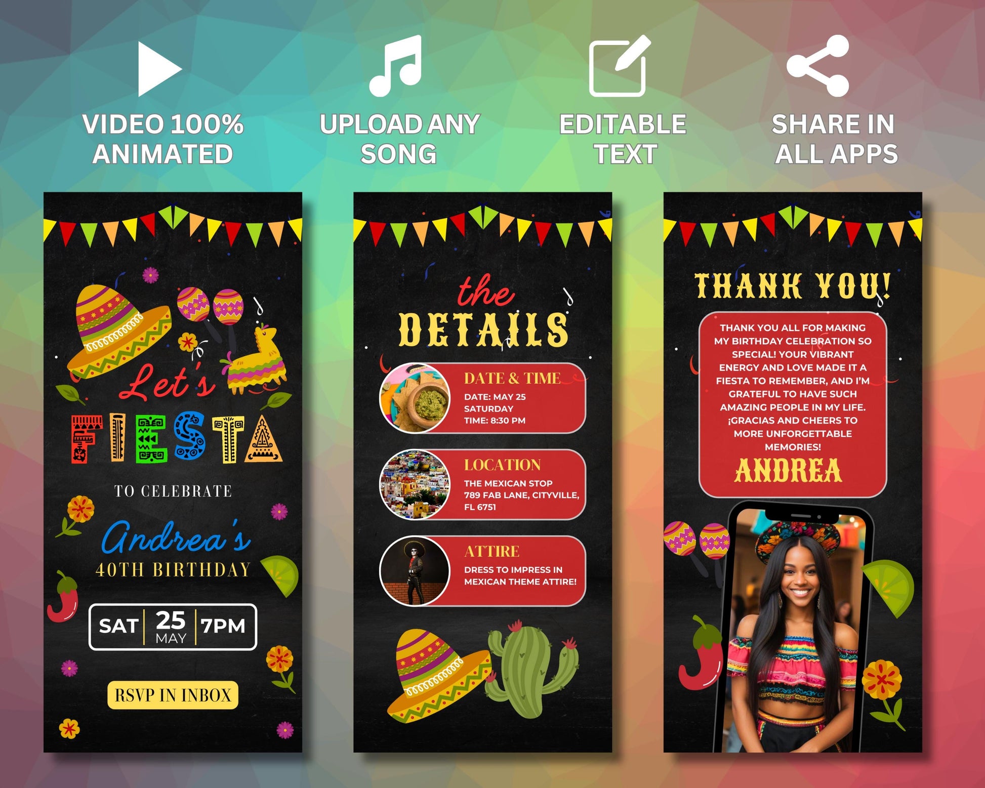 Fiesta
Party
Birthday
Celebrate
Invitation
Invite
Animated
Digital
Template
Mexican Fiesta
Sombrero
Maracas
Piñata
Chili Peppers
Cactus
Bunting
Colorful
Festive
Vibrant
Date
Time
Location
RSVP
Decorative
Illustrated