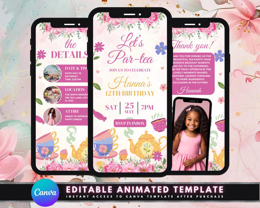Tea Party
Animated Invitation
Digital Invitation
E-Invite
Party Invitation
Celebration
Birthday
Event Invitation
Whimsical
Elegant
Charming
Festive
Teacups
Teapots
Flowers
Pastel Colors
Gold Accents
Floral Pattern
RSVP in Inbox
Date, Time, Location Details
Attire Suggestion
Thank You Note
Video Template
Motion Graphics
Digital Download
Editable Template
Girls Birthday
Teen Birthday
Friends Gathering
Family Celebration