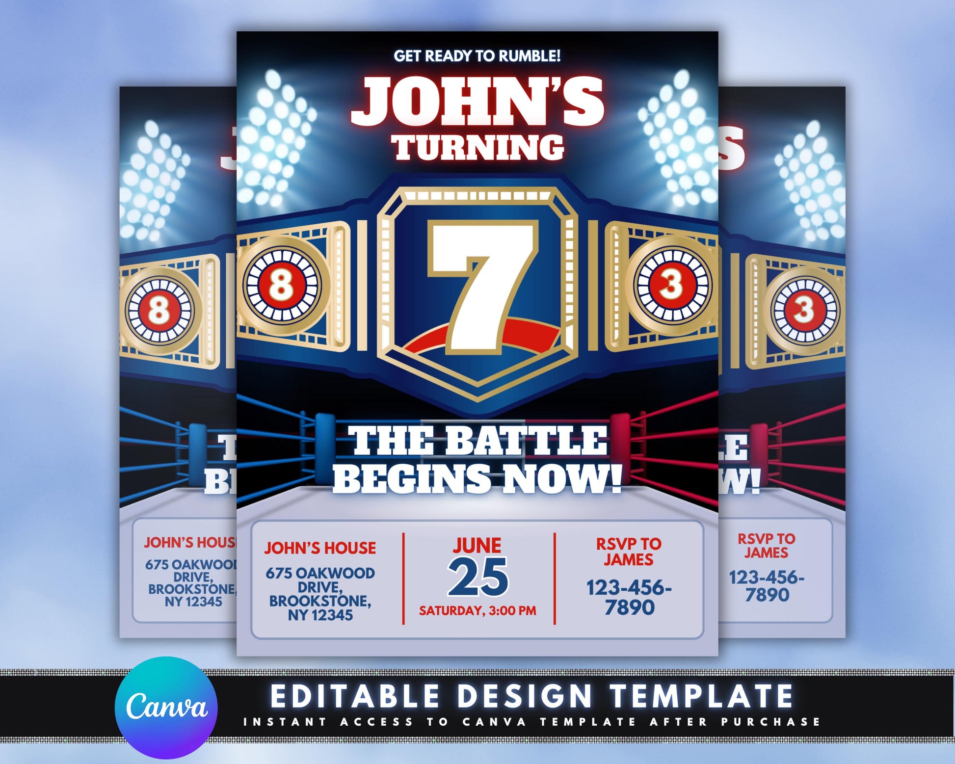 Birthday
Party
Invitation
Celebration
Event
Kids Party
Themed Party
Wrestling Theme
Sports theme
Boxing
Fight
Battle
Rumble
Ring
Championship Belt
Sports
Action
Competition
Graphic Invitation
Bold Design
Blue and Gold
Stadium Lights
Large Text
Number Seven
Get Ready to Rumble!
The Battle Begins Now!
