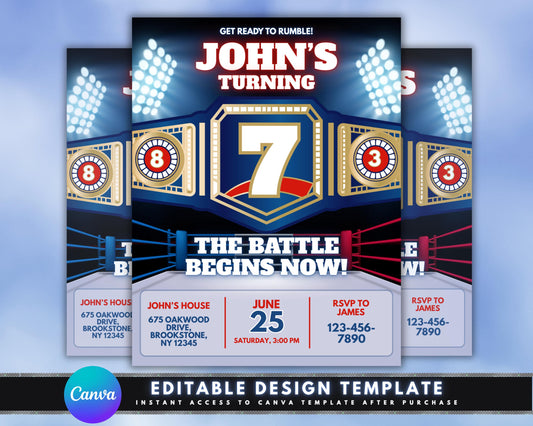 Birthday
Party
Invitation
Celebration
Event
Kids Party
Themed Party
Wrestling Theme
Sports theme
Boxing
Fight
Battle
Rumble
Ring
Championship Belt
Sports
Action
Competition
Graphic Invitation
Bold Design
Blue and Gold
Stadium Lights
Large Text
Number Seven
Get Ready to Rumble!
The Battle Begins Now!