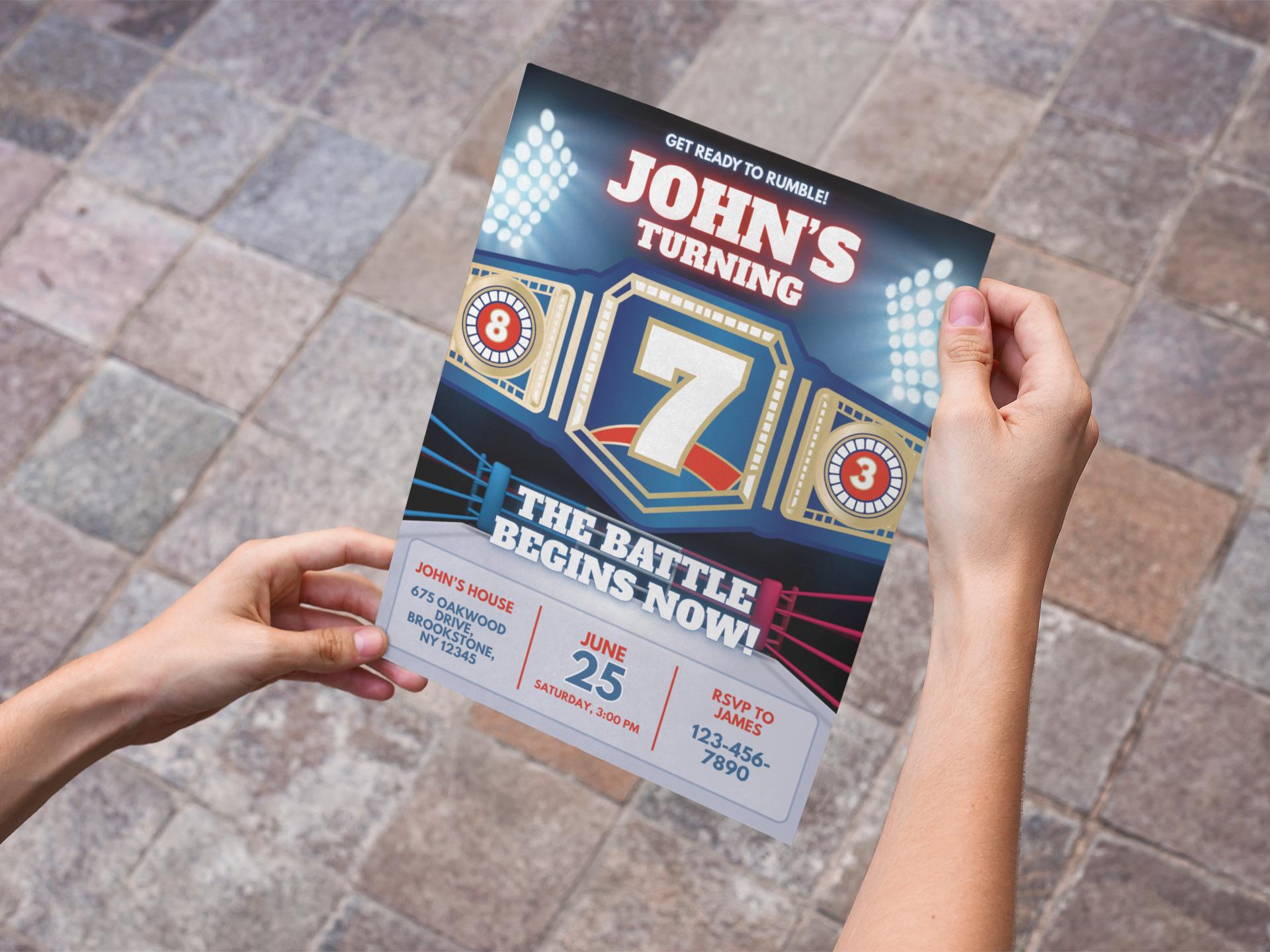 Birthday
Party
Invitation
Celebration
Event
Kids Party
Themed Party
Wrestling Theme
Sports theme
Boxing
Fight
Battle
Rumble
Ring
Championship Belt
Sports
Action
Competition
Graphic Invitation
Bold Design
Blue and Gold
Stadium Lights
Large Text
Number Seven
Get Ready to Rumble!
The Battle Begins Now!