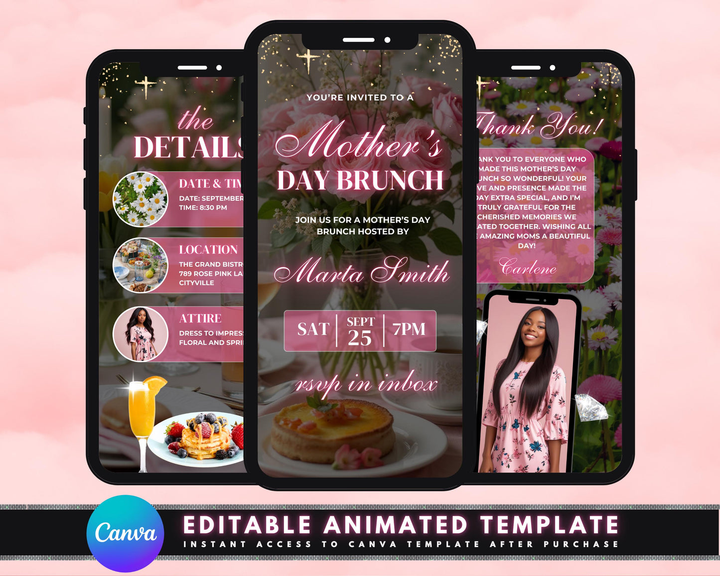 animated mother's day brunch invitation, diy template design, mother's day event video invite, premade floral mom's day celebration e-invite