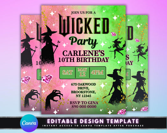Wicked Birthday Party Invitation, DIY Flyer Template Design, Wicked Movie Inspired Bday, Elphaba Glinda Invite, Premade Magical Theme Evite