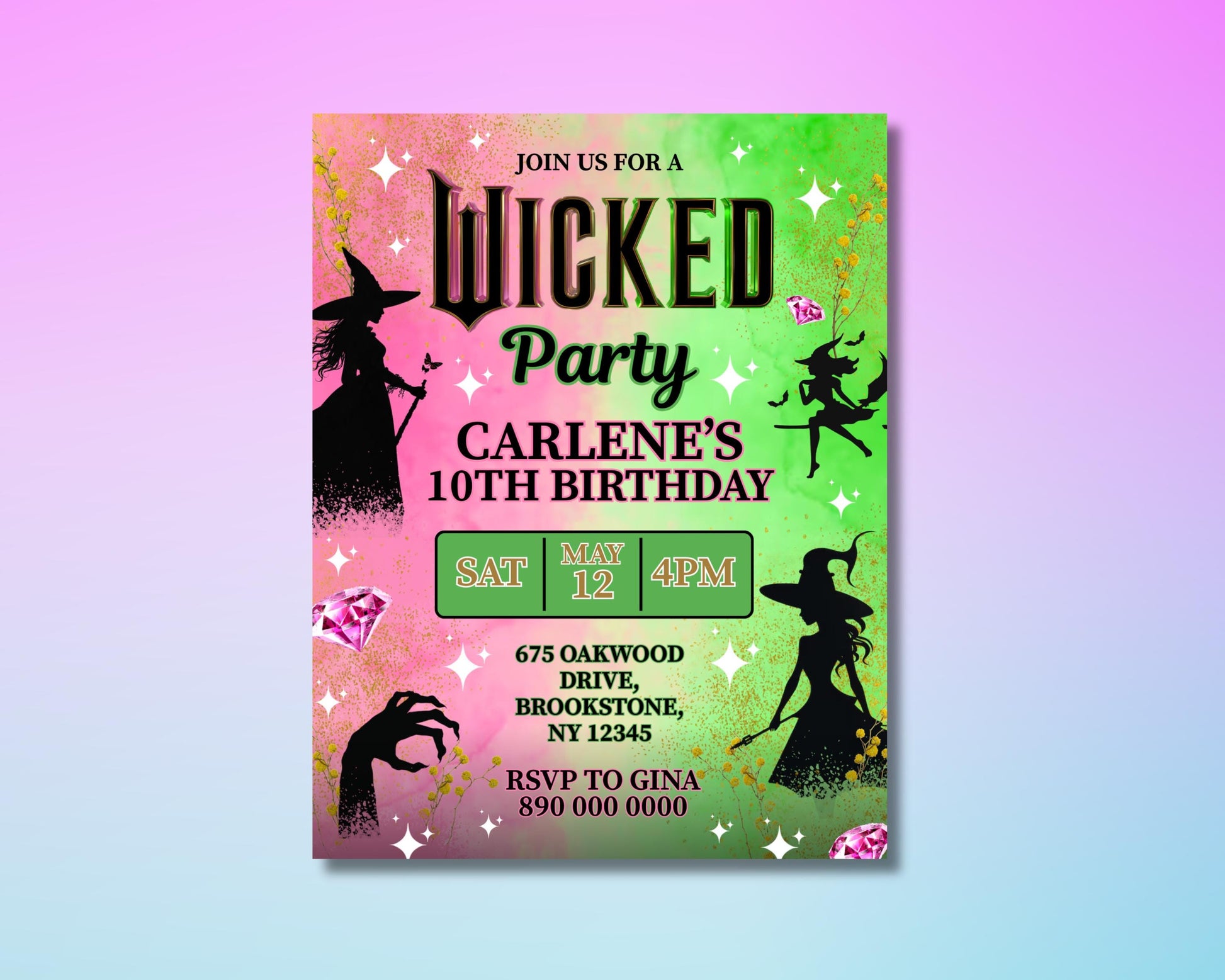 Wicked Birthday Party Invitation, DIY Flyer Template Design, Wicked Movie Inspired Bday, Elphaba Glinda Invite, Premade Magical Theme Evite