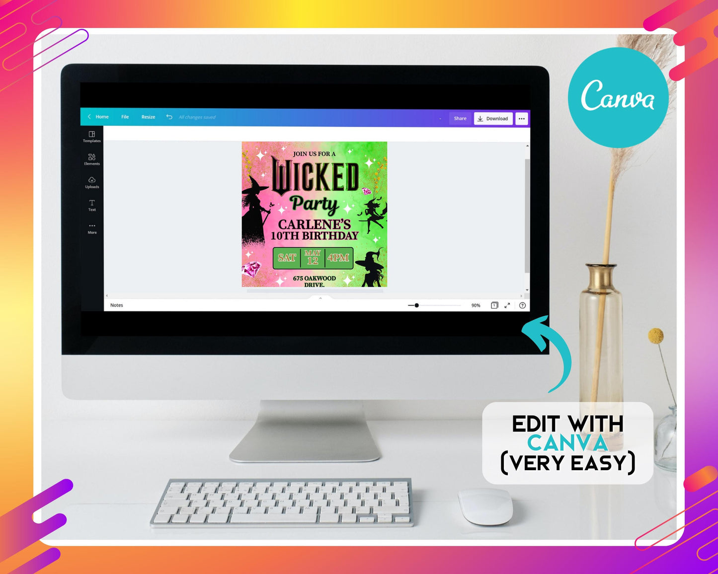 wicked birthday party invitation, diy flyer template design, wicked movie inspired bday, elphaba glinda invite, premade magical theme evite