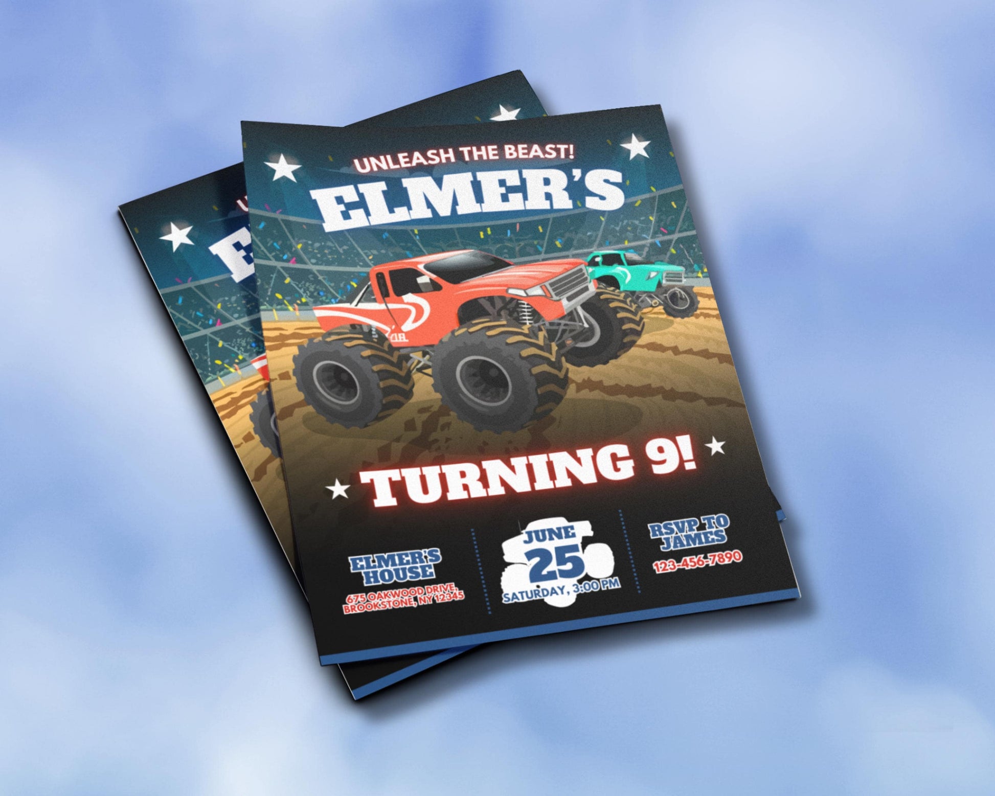 Monster Truck Birthday Invitation, Sports Theme Party, DIY Flyer Template Design, Big Wheels Kids Party Invite, Premade Boys Big Truck Bday