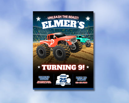 Monster Truck Birthday Invitation, Sports Theme Party, DIY Flyer Template Design, Big Wheels Kids Party Invite, Premade Boys Big Truck Bday