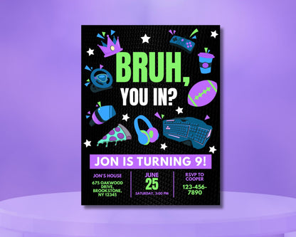 Bruh, You In? Birthday Party Invitation, DIY Flyer Template Design, Gaming, Basketball, Pizza, and Music-Themed, Premade Teen's Bday Invite