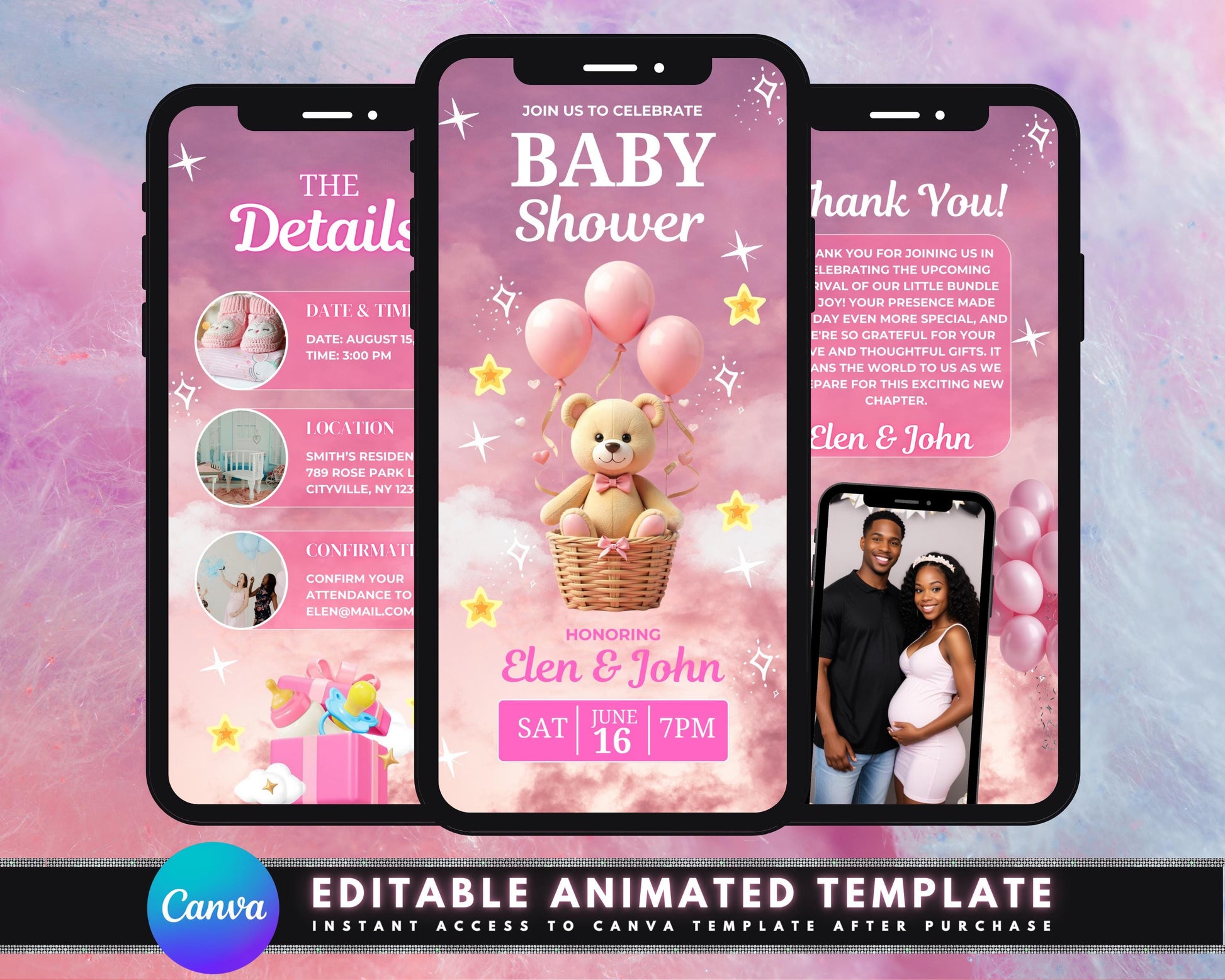 Animated Baby Shower Invitation, DIY Template Design, Pink Baby Shower Video Announcement Invite, Premade Teddy Bear Phone Digital Invite